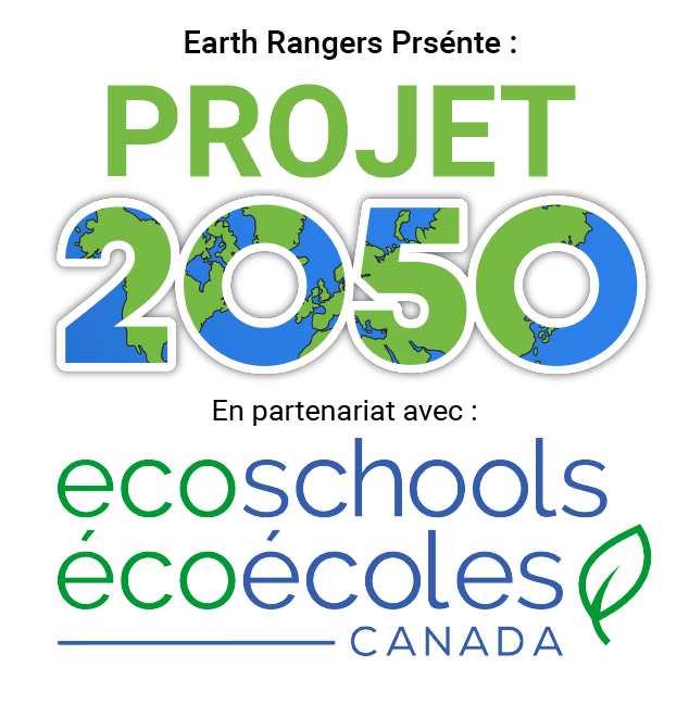 The Earth Rangers logo and the EcoSchools Canada logo next to the title "Project 2050: Climate-friendly habits to change the world"