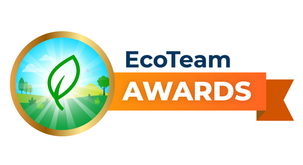 EcoTeam Awards with awards written on an orange ribbon attached to the right of a circle depicting a green field, blue sky, trees, and a single stylized leaf in the center.